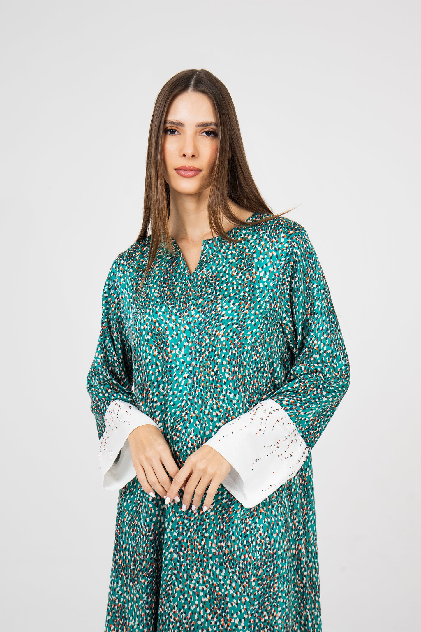 Luxury Turquoise Italian Silk Viscose Caftan with Crystals