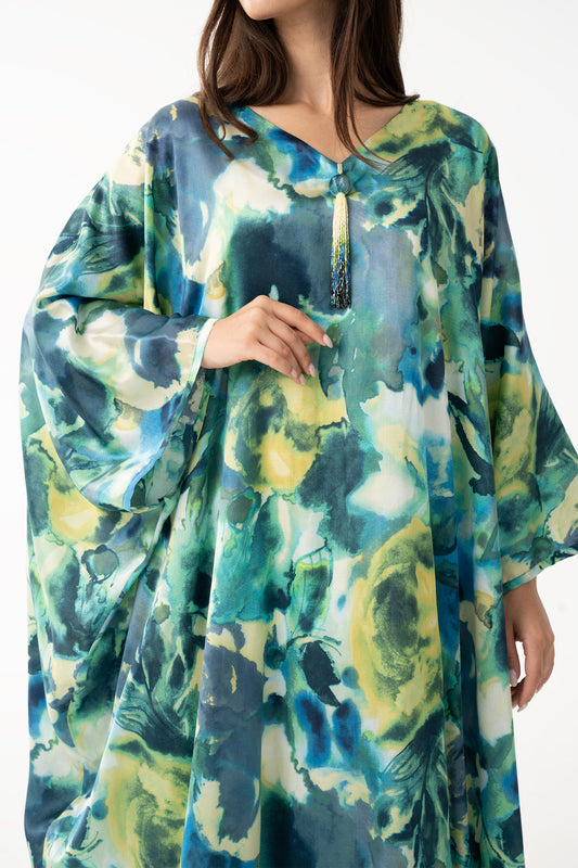 Turquoise Italian Silk Viscose Caftan - House of Caftan