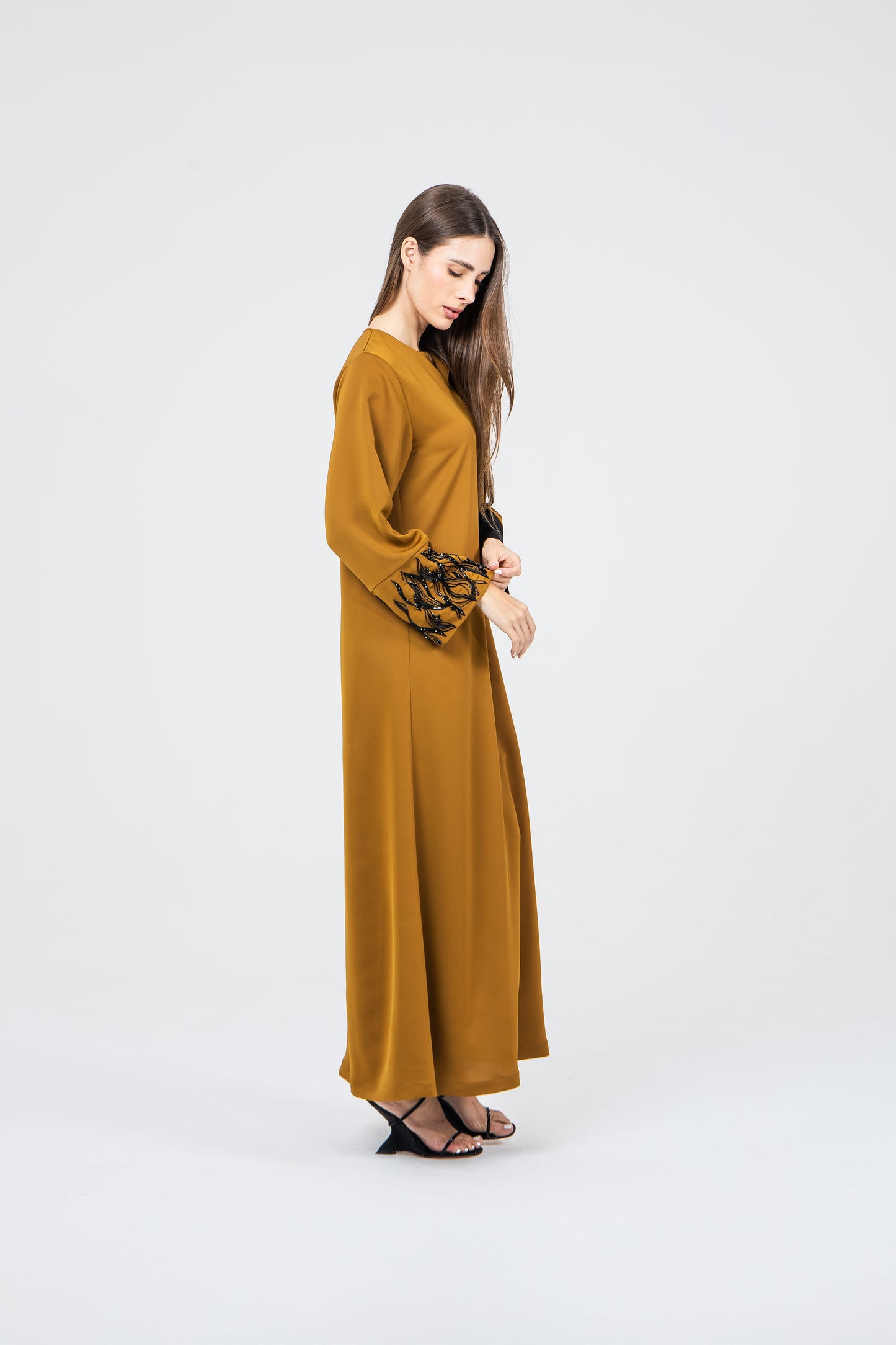 Mustard Crepe Caftan Ramadan Evening Wear Eid Collection UAE Qatar