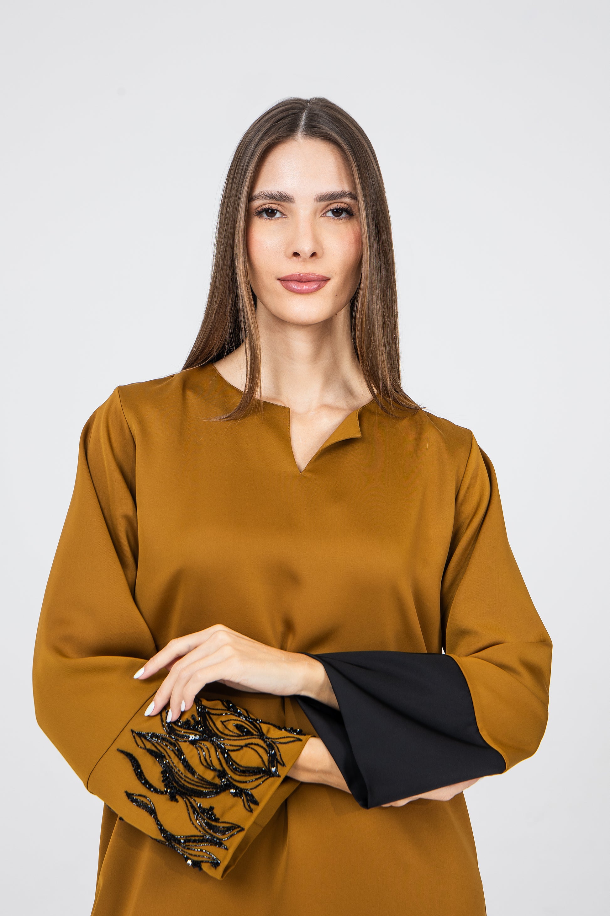 Mustard Crepe Caftan Ramadan Evening Wear Eid Collection UAE Qatar