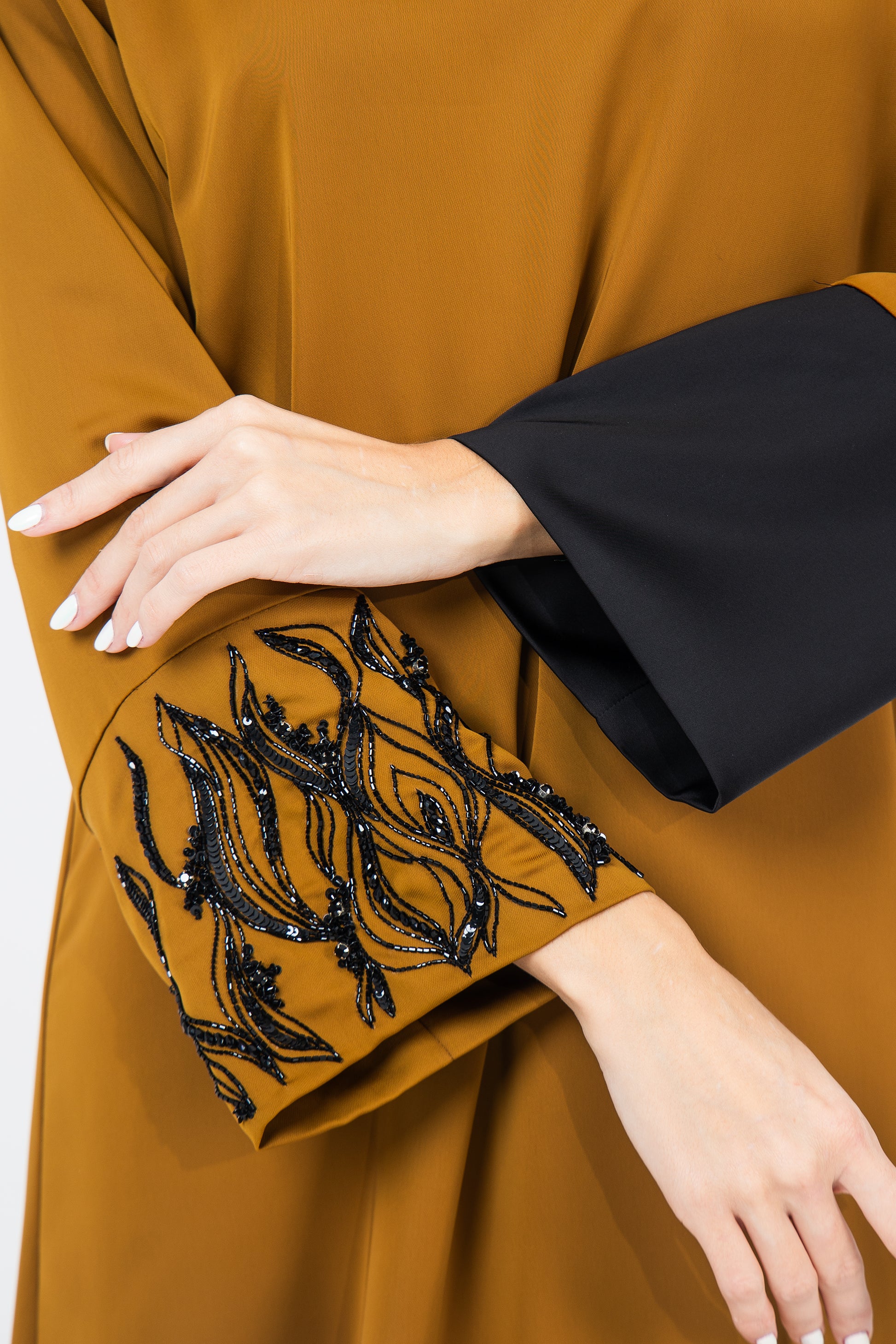 Mustard Crepe Caftan Ramadan Evening Wear Eid Collection UAE Qatar