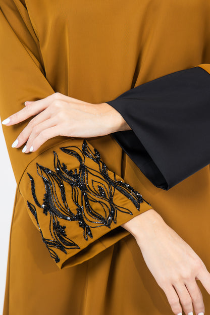 Mustard Crepe Caftan Ramadan Evening Wear Eid Collection UAE Qatar
