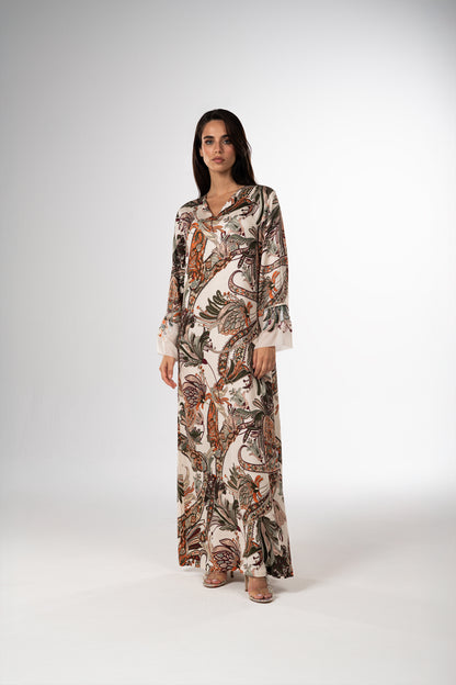 Woman wearing Autumn Ornament Italian Viscose Satin Caftan
