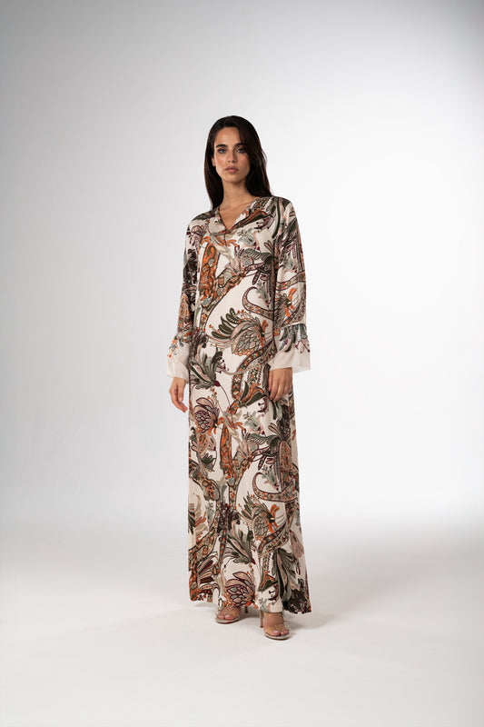 Woman wearing Autumn Ornament Italian Viscose Satin Caftan
