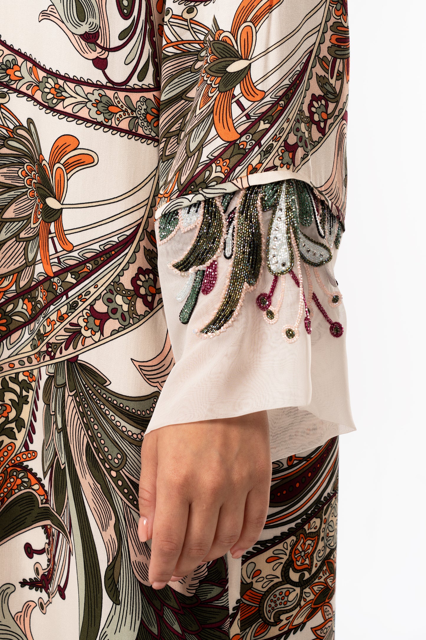 Close-up sleeve of Autumn Ornament Italian Viscose Satin Caftan – Limited Edition