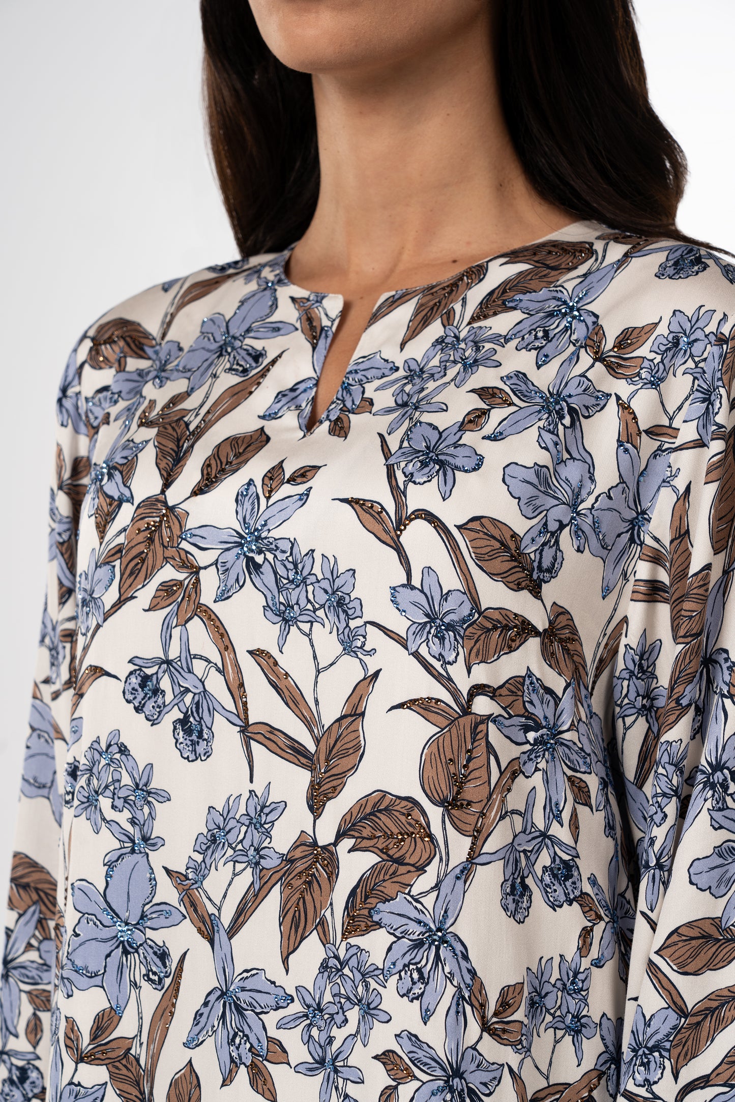 Azure Bloom Italian Viscose Satin Caftan close up