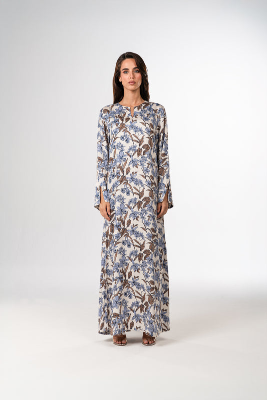 Azure Bloom Italian Viscose Satin Caftan with European hotfix - Handmade Limited Edition