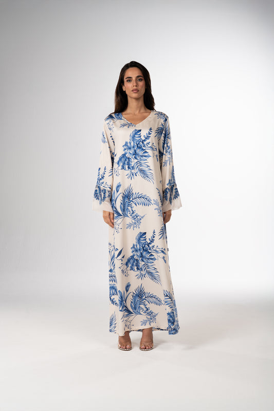 Azure Botanica Italian Viscose Satin Caftan with 3D Embroidery