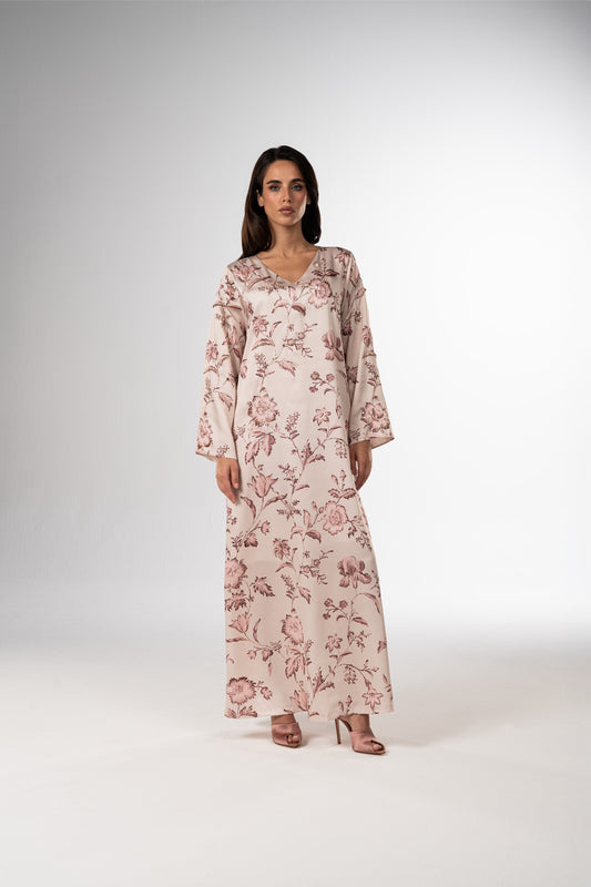 Blooming Grace Italian Viscose Satin Caftan with 3D Floral Embroidery