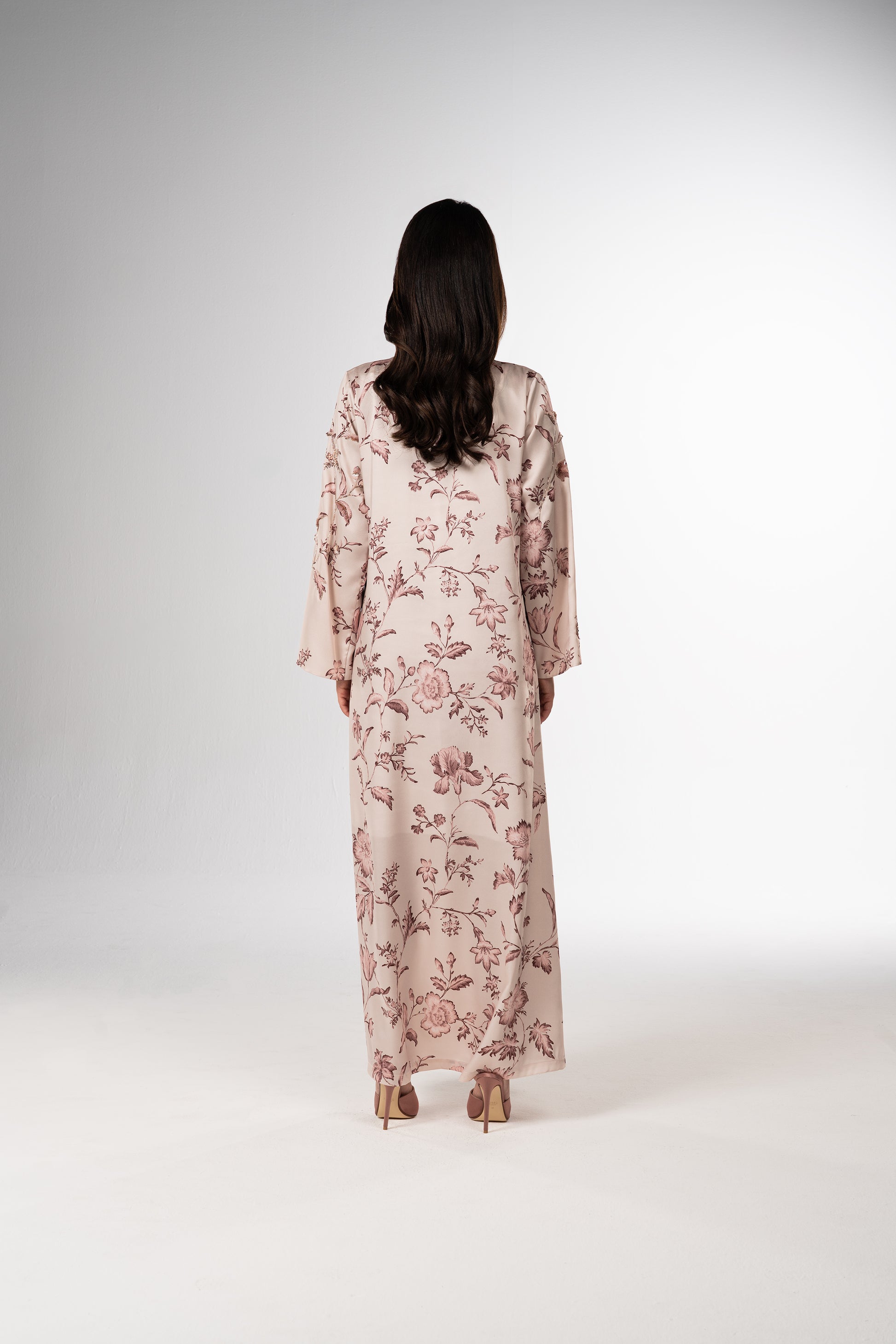 Blooming Grace Italian Viscose Satin Caftan with 3D Floral Embroidery back