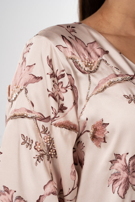 Blooming Grace Italian Viscose Satin Caftan with 3D Floral Embroidery close up