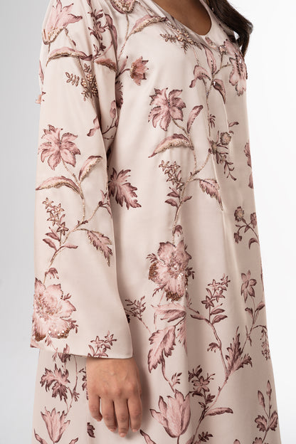 Blooming Grace Italian Viscose Satin Caftan with 3D Floral Embroidery close up 2