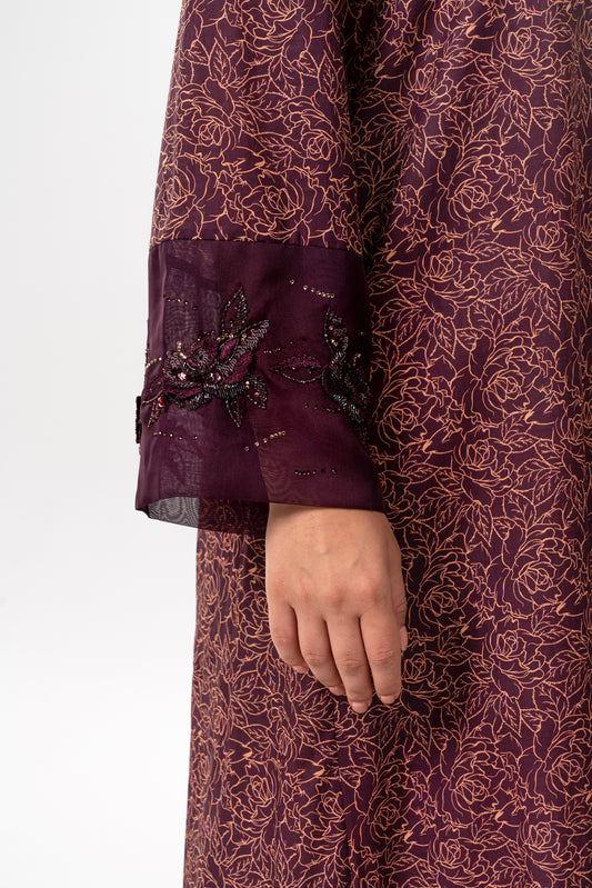 Burgundy Bloom Italian Cotton Caftan with 3D floral embroidery – Handmade Limited Edition