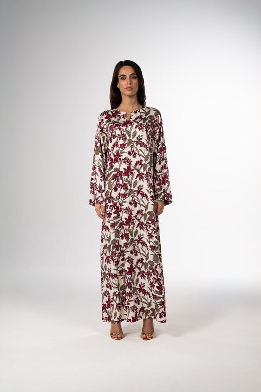 Burgundy Orchid Italian Satin Caftan with Fine Beaded Detailing