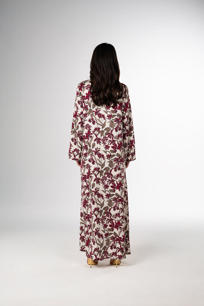 Burgundy Orchid Italian Satin Caftan with Fine Beaded Detailing back