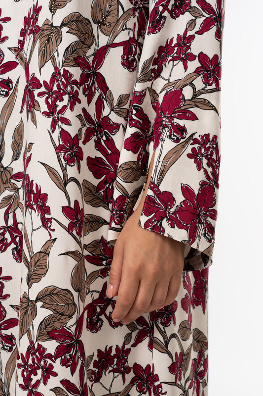 Burgundy Orchid Italian Satin Caftan with Fine Beaded Detailing close up