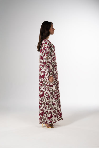 Burgundy Orchid Italian Satin Caftan with Fine Beaded Detailing side