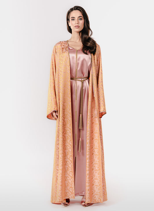 Italian Golden Rose Jacquard Hand Embroidered Caftan (Two-Piece Luxury Set)