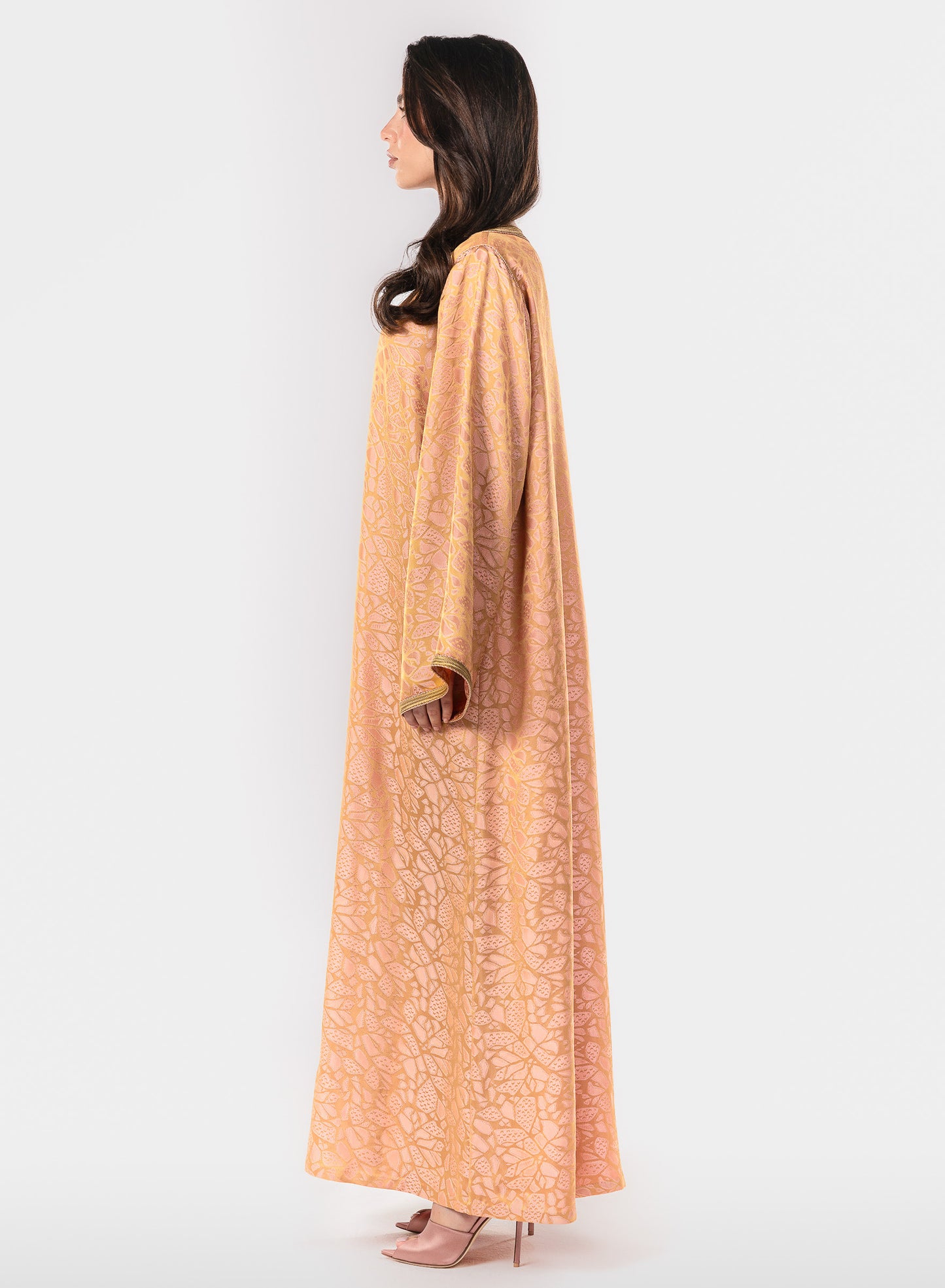 Italian Golden Peach Jacquard Hand Embroidered Caftan