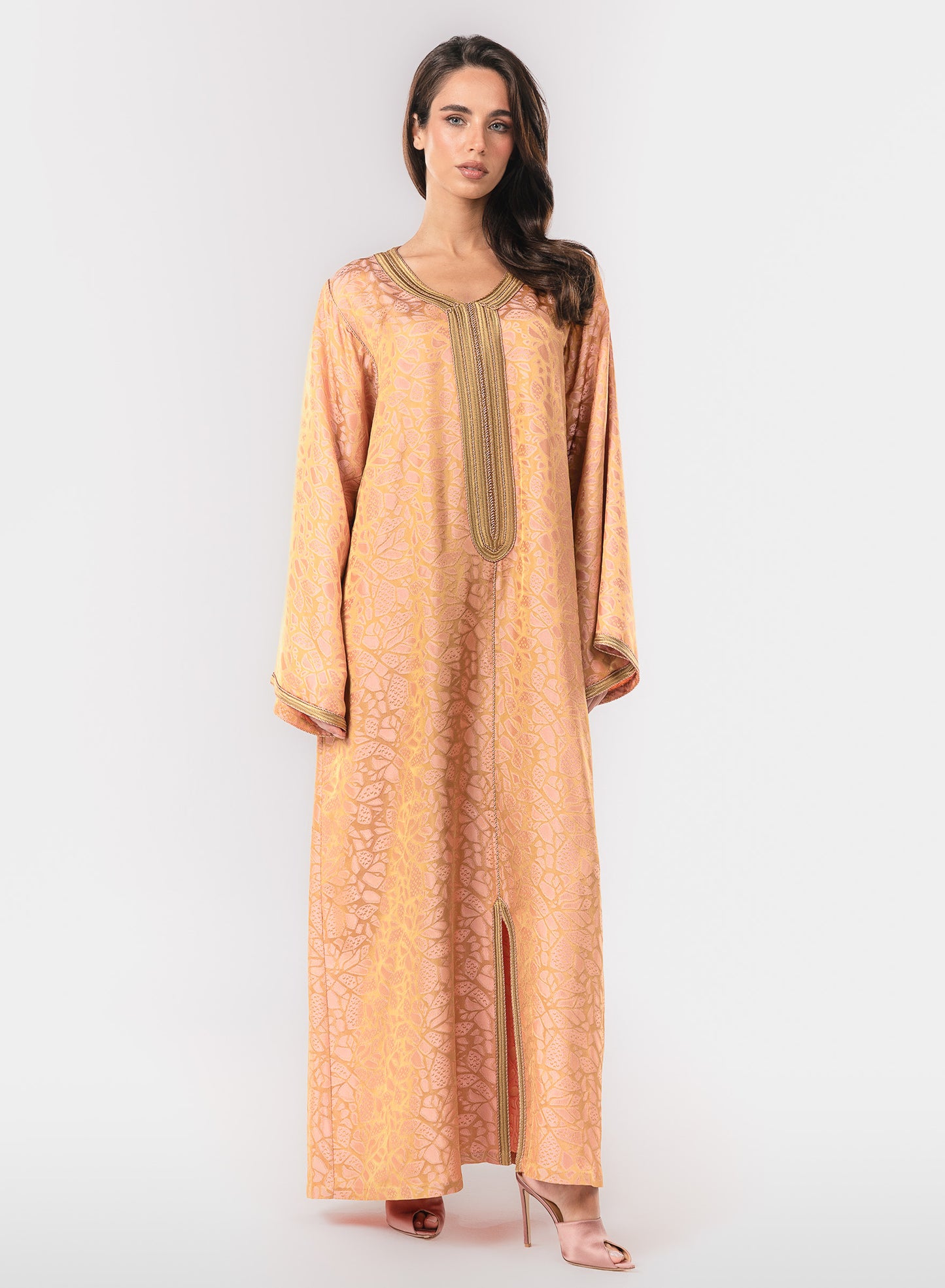 Italian Golden Peach Jacquard Hand Embroidered Caftan