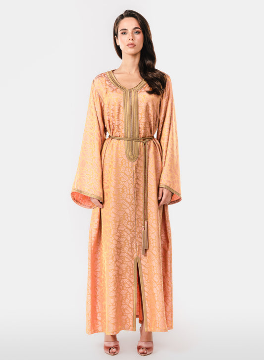Italian Golden Peach Jacquard Hand Embroidered Caftan