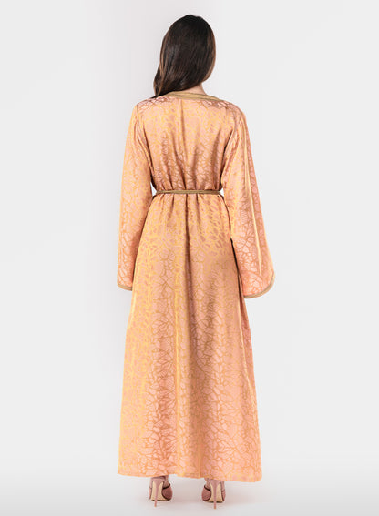 Italian Golden Peach Jacquard Hand Embroidered Caftan