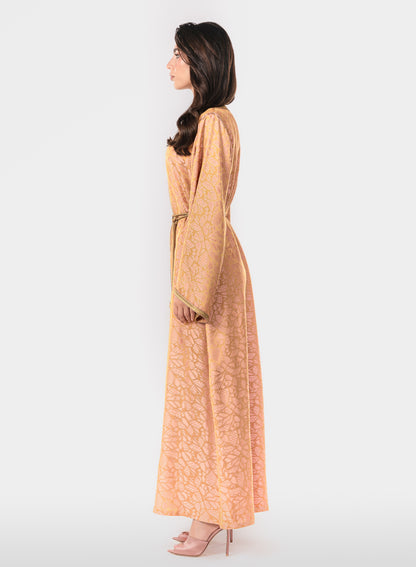 Italian Golden Peach Jacquard Hand Embroidered Caftan