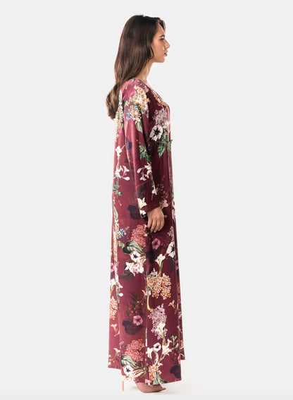 Italian Floral 3D Embroidered Raspberry Viscose Satin Caftan