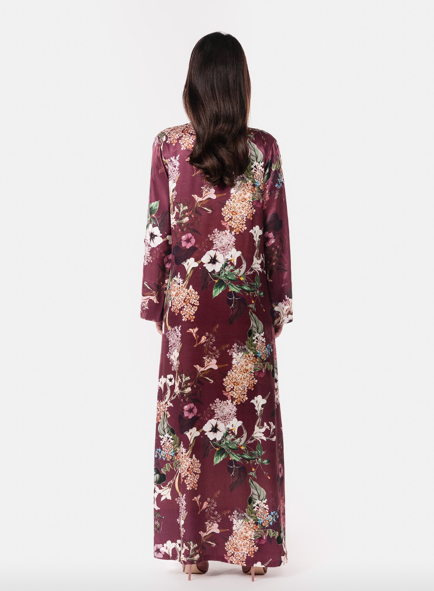 Italian Floral 3D Embroidered Raspberry Viscose Satin Caftan