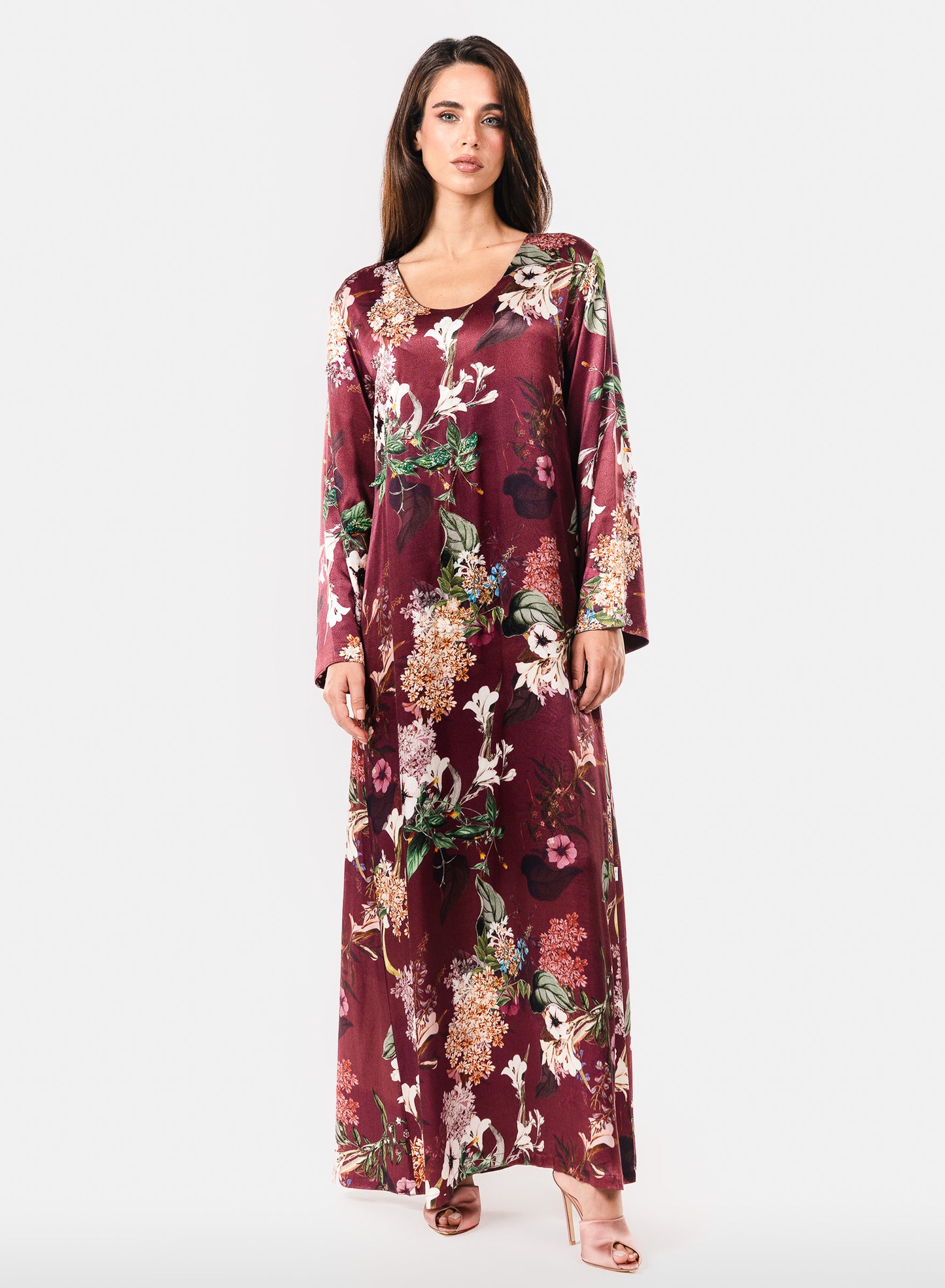 Italian Floral 3D Embroidered Raspberry Viscose Satin Caftan