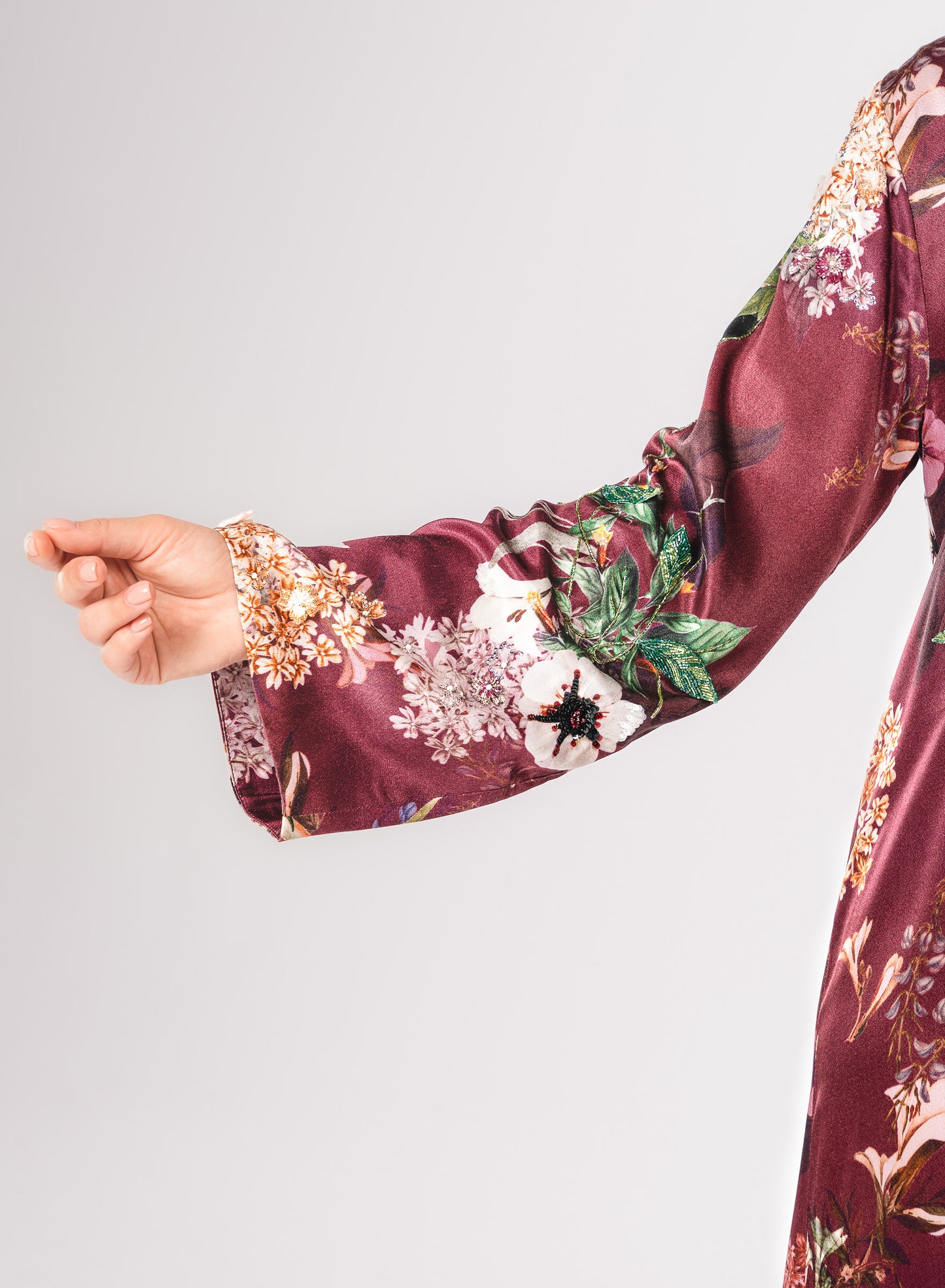 Italian Floral 3D Embroidered Raspberry Viscose Satin Caftan