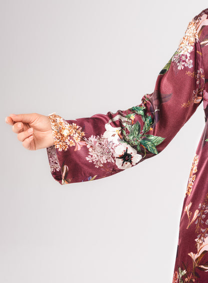 Italian Floral 3D Embroidered Raspberry Viscose Satin Caftan