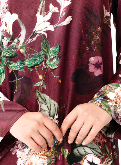 Italian Floral 3D Embroidered Raspberry Viscose Satin Caftan