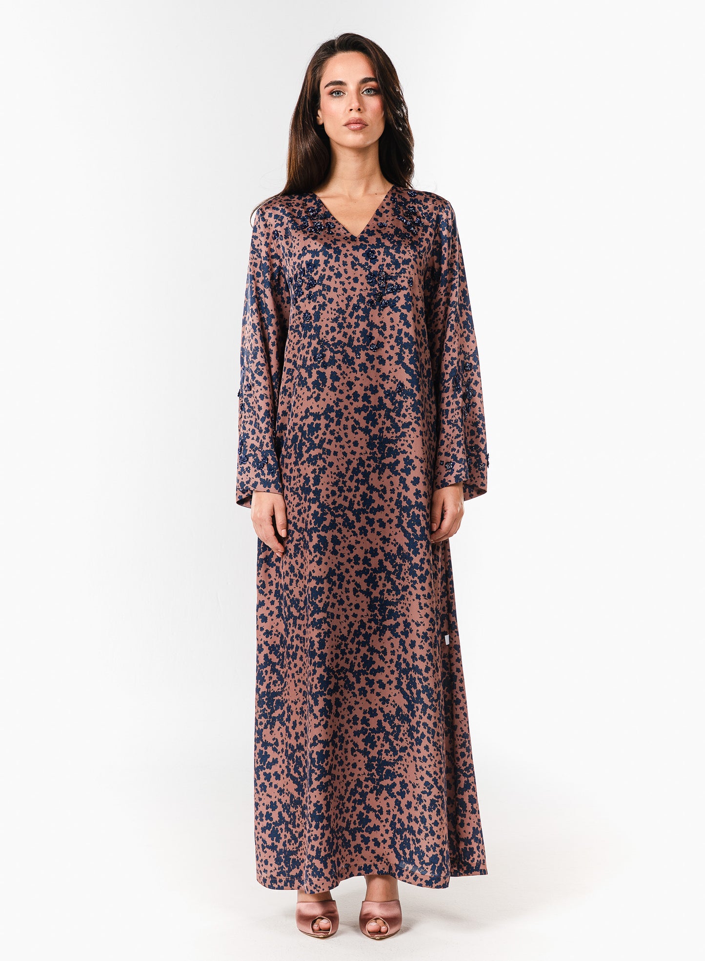Italian Floral 3D Embroidered Vintage Rose Twill Caftan
