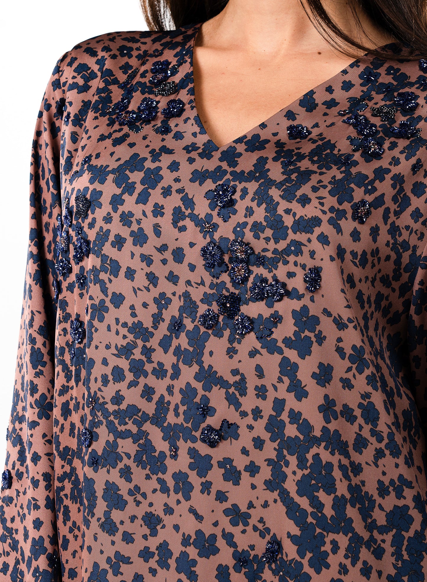 Italian Floral 3D Embroidered Vintage Rose Twill Caftan