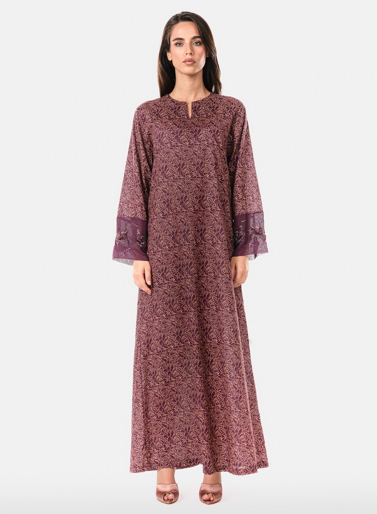 Italian Floral 3D Embroidered Burgundy Bloom Cotton Caftan