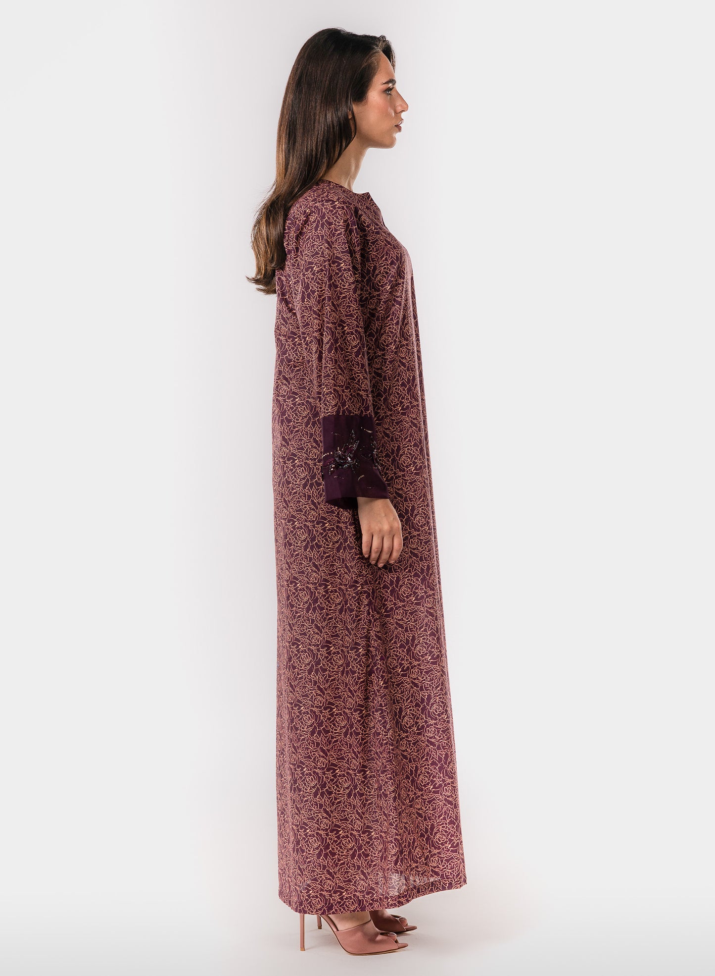 Italian Floral 3D Embroidered Burgundy Bloom Cotton Caftan