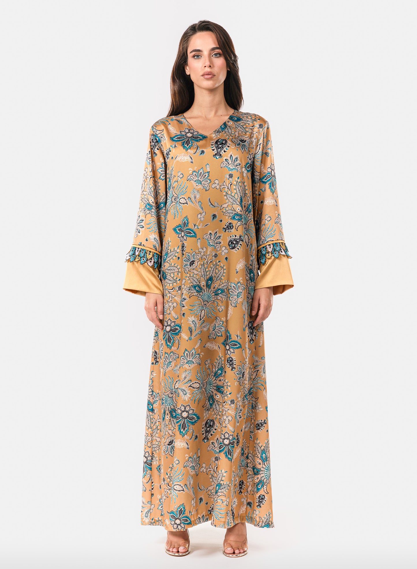 Italian Floral 3D Embroidered Golden Mirage Twill Caftan