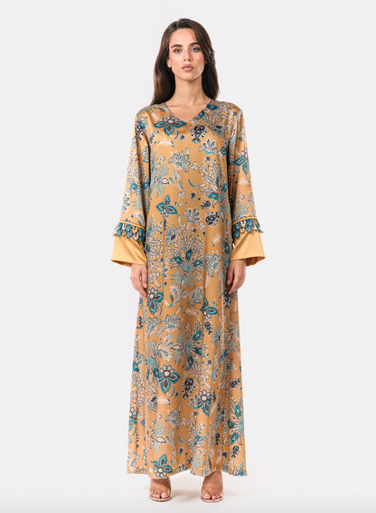 Italian Floral 3D Embroidered Golden Mirage Twill Caftan
