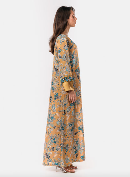 Italian Floral 3D Embroidered Golden Mirage Twill Caftan