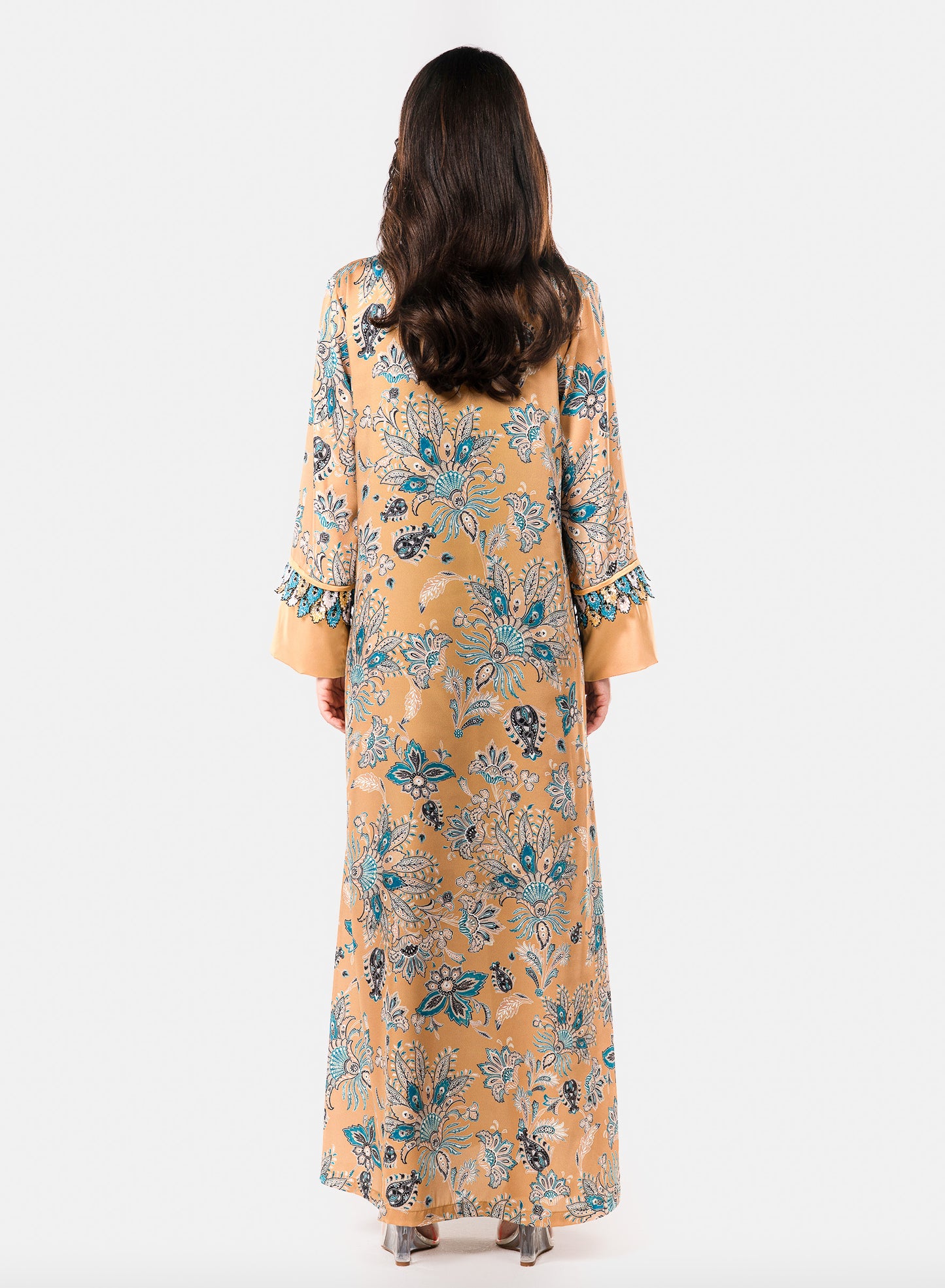 Italian Floral 3D Embroidered Golden Mirage Twill Caftan