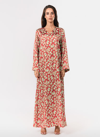 Italian Floral 3D Embroidered Red Garden Twill Caftan