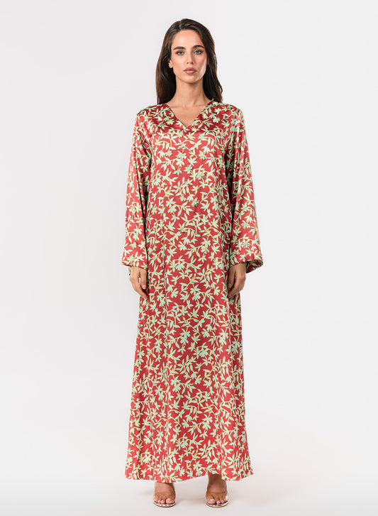 Italian Floral 3D Embroidered Red Garden Twill Caftan
