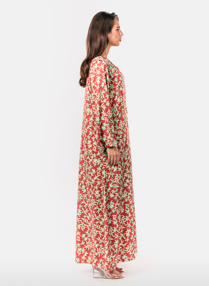 Italian Floral 3D Embroidered Red Garden Twill Caftan