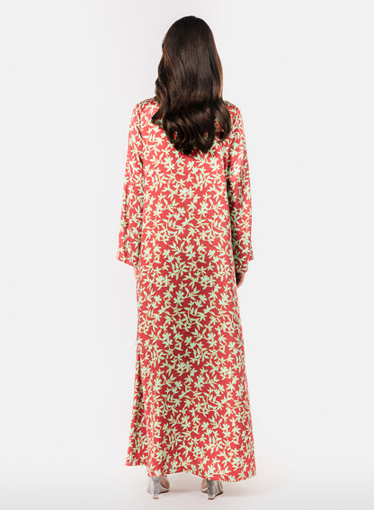 Italian Floral 3D Embroidered Red Garden Twill Caftan