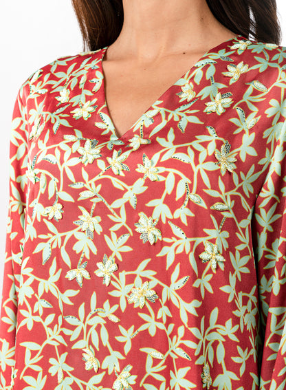 Italian Floral 3D Embroidered Red Garden Twill Caftan