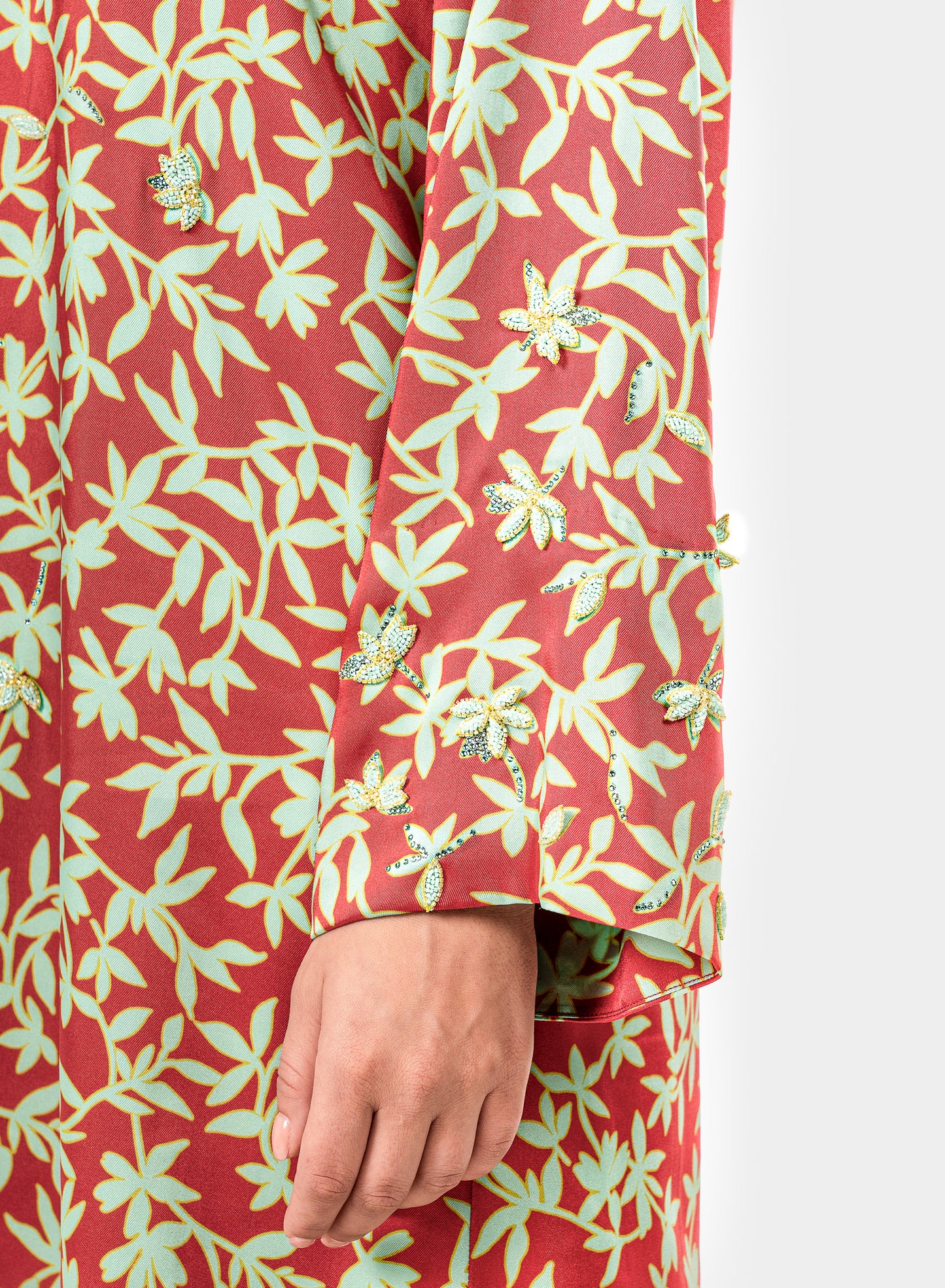 Italian Floral 3D Embroidered Red Garden Twill Caftan