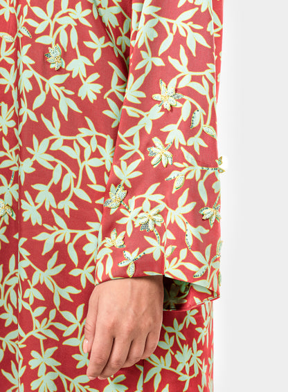 Italian Floral 3D Embroidered Red Garden Twill Caftan