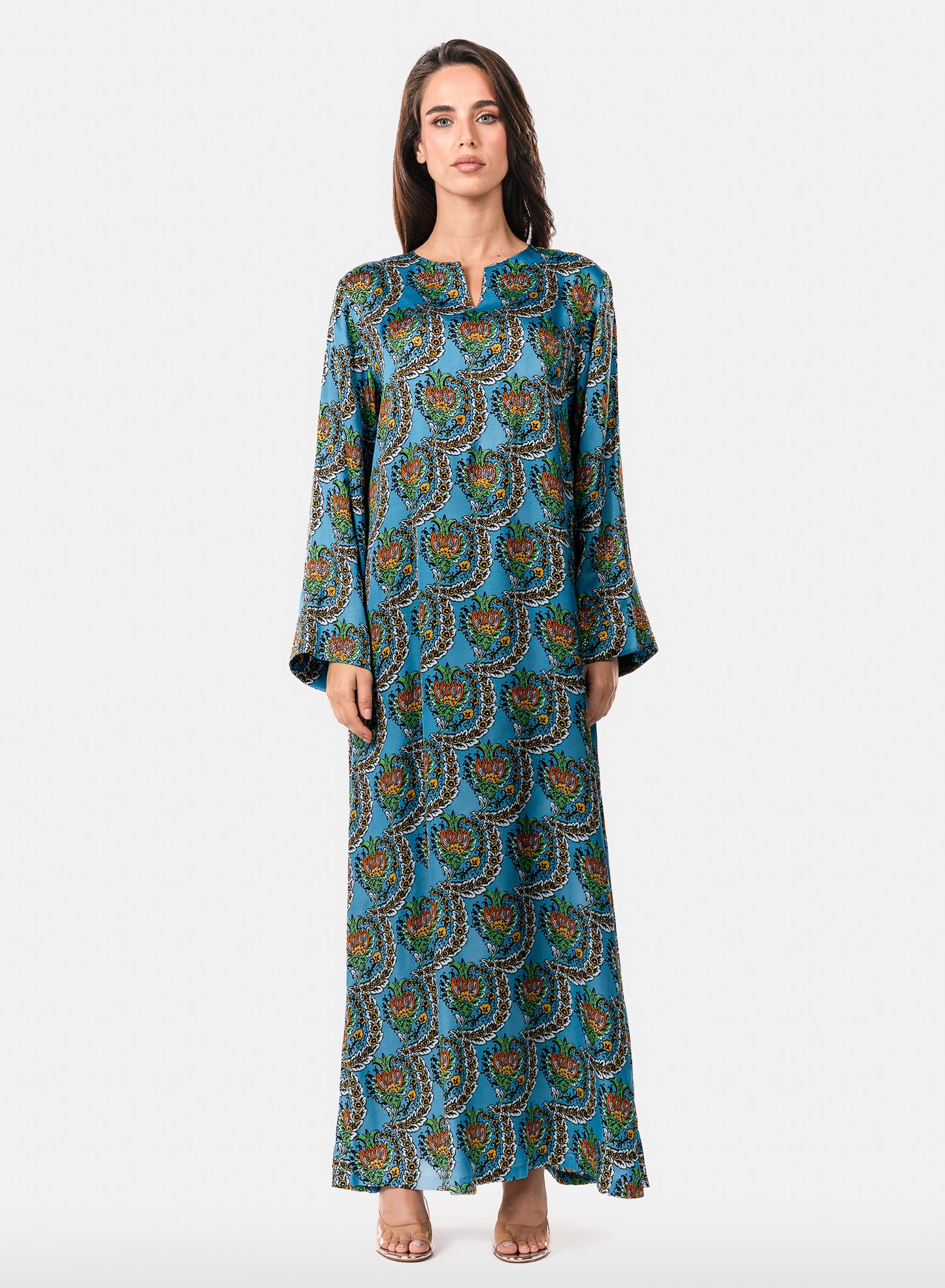 Italian Turquoise Scallop Viscose Satin Caftan