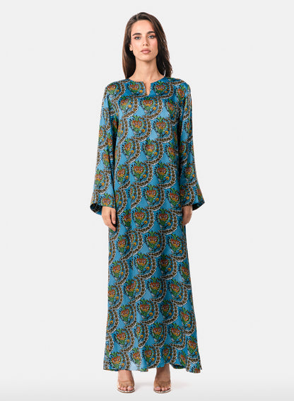 Italian Turquoise Scallop Viscose Satin Caftan